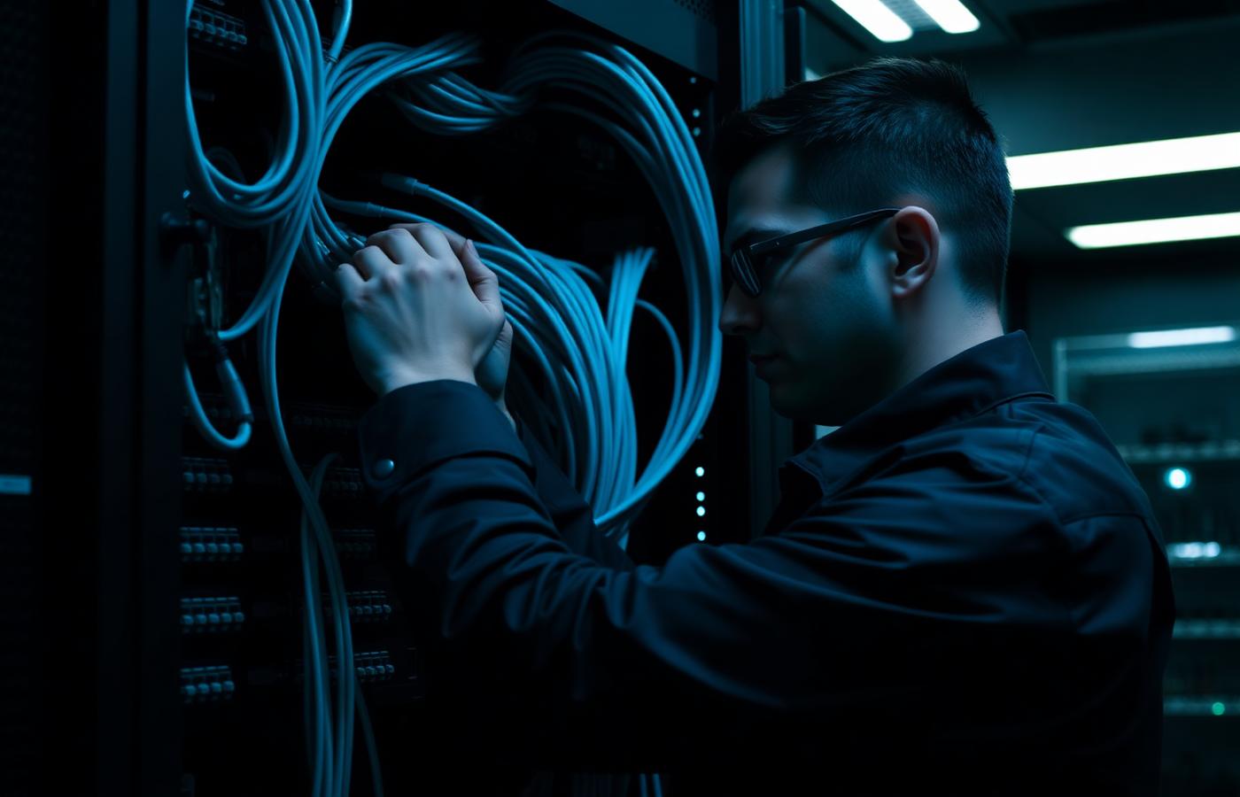 Innovation Technology technician working inside a network rack
